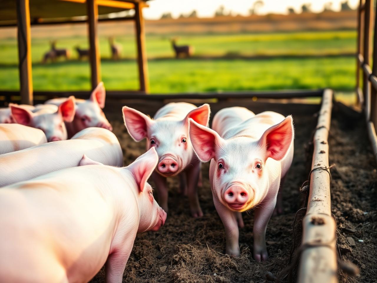 Healthy pigs on a Zambian farm at sunrise